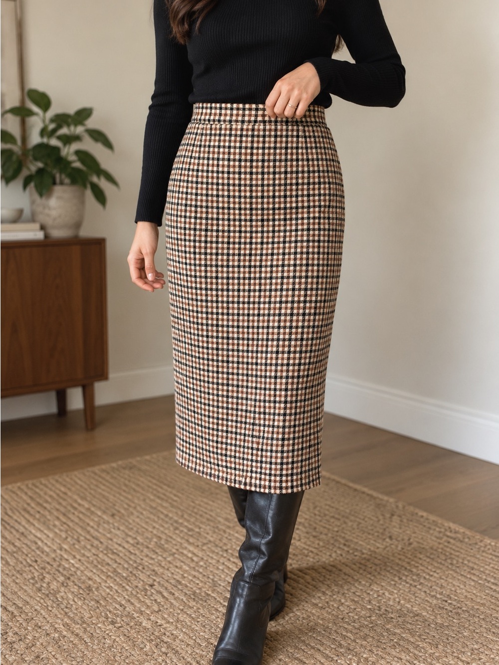 Liz Claiborne Plaid Wool Blend Pencil Midi Skirt Size 4 Brown fall fashion